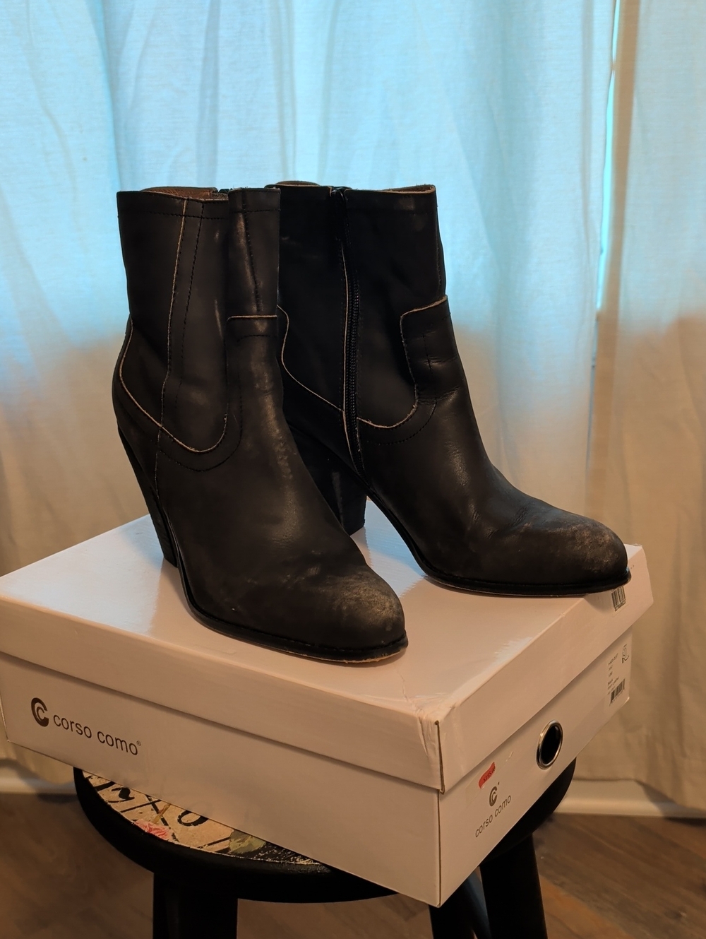 Corso Como Black Leather Ankle Booties with Stacked Heel